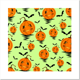 Halloween Pattern with Pumpkins and Bats Posters and Art